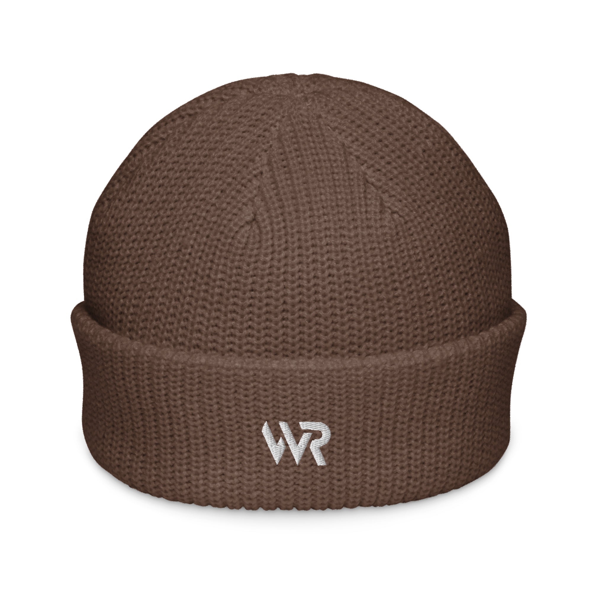 Unisex signature beanie in brown with embroidered WR logo, front view