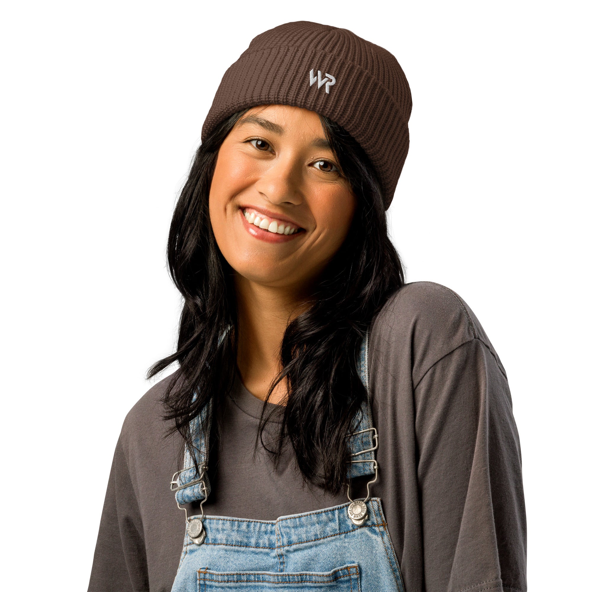 Unisex signature beanie in brown with embroidered WR logo, front view