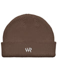 Unisex signature beanie in brown with embroidered WR logo, front view