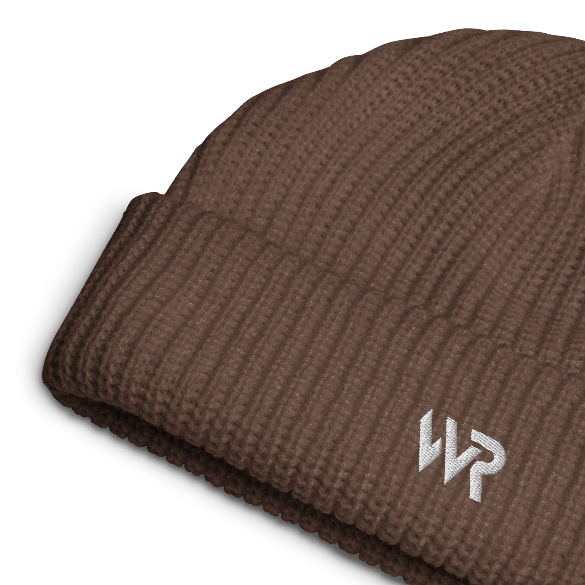 Unisex signature beanie in brown with embroidered WR logo, front view
