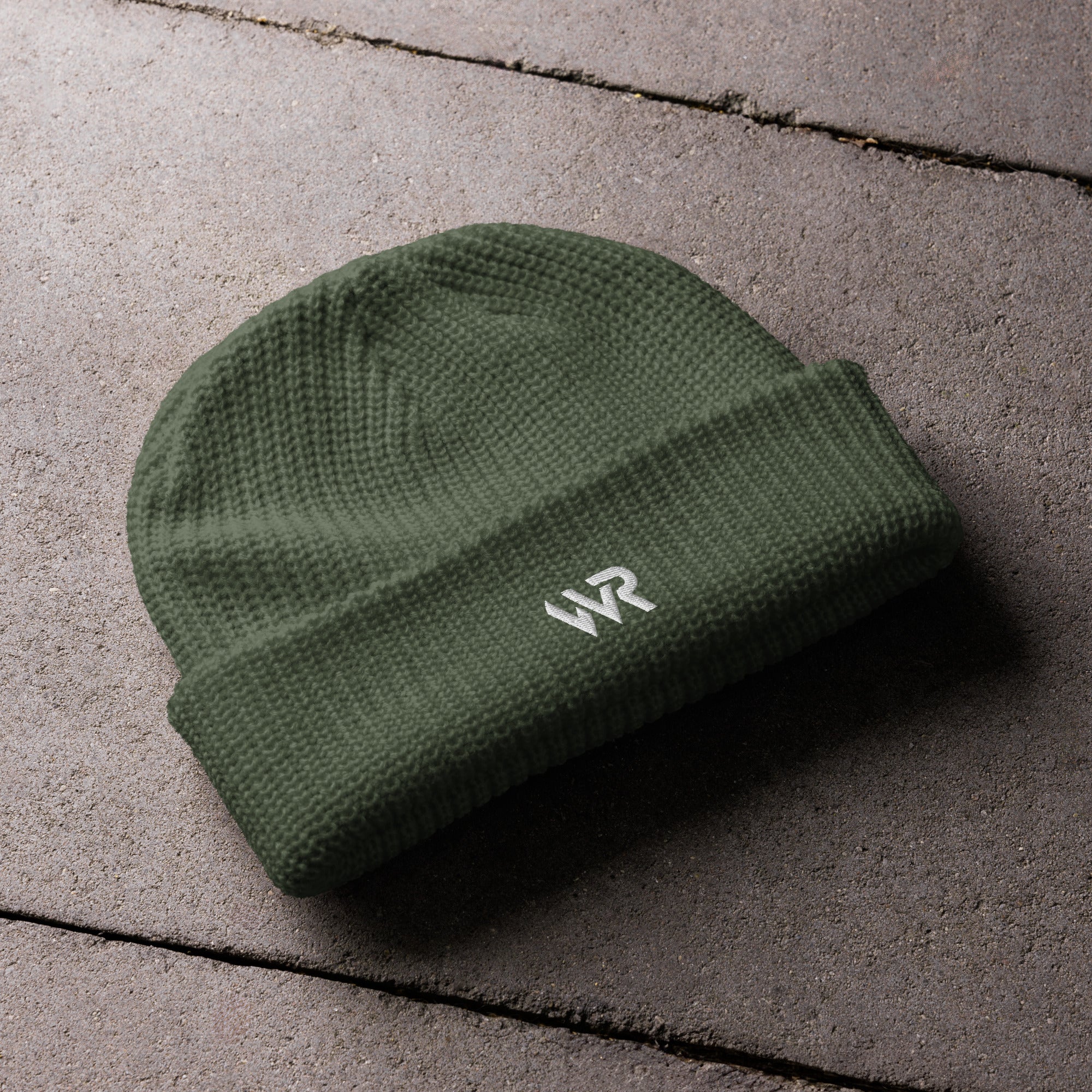 Unisex signature beanie in green with embroidered WR logo, front view