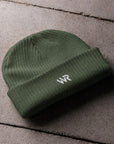 Unisex signature beanie in green with embroidered WR logo, front view