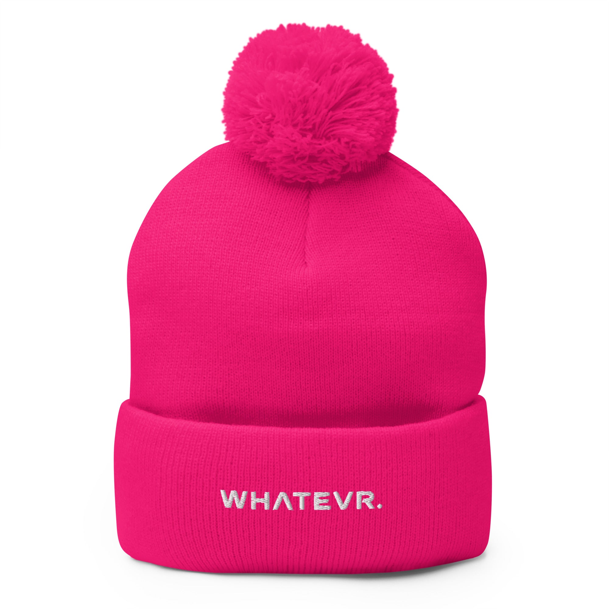 Unisex Signature pom pom knit beanie in pink with embroidered WHATEVR text, front view