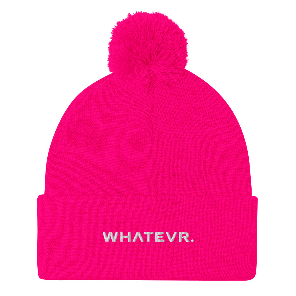 Unisex Signature pom pom knit beanie in pink with embroidered WHATEVR text, front view