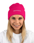 Unisex Signature pom pom knit beanie in pink with embroidered WHATEVR text, front view