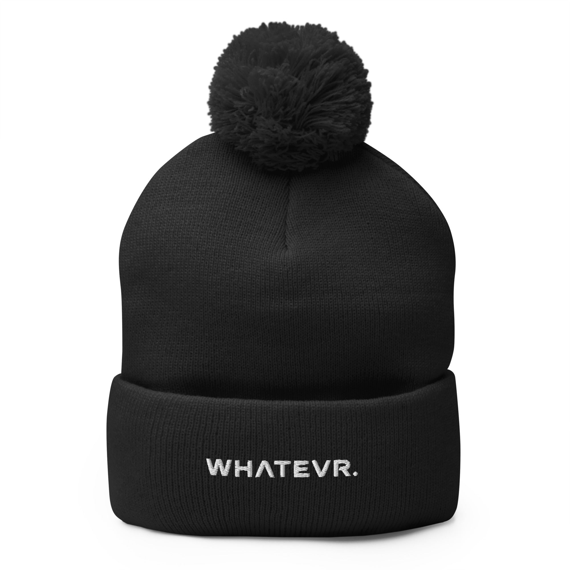 Unisex Signature pom pom knit beanie in black with embroidered WHATEVR text, front view