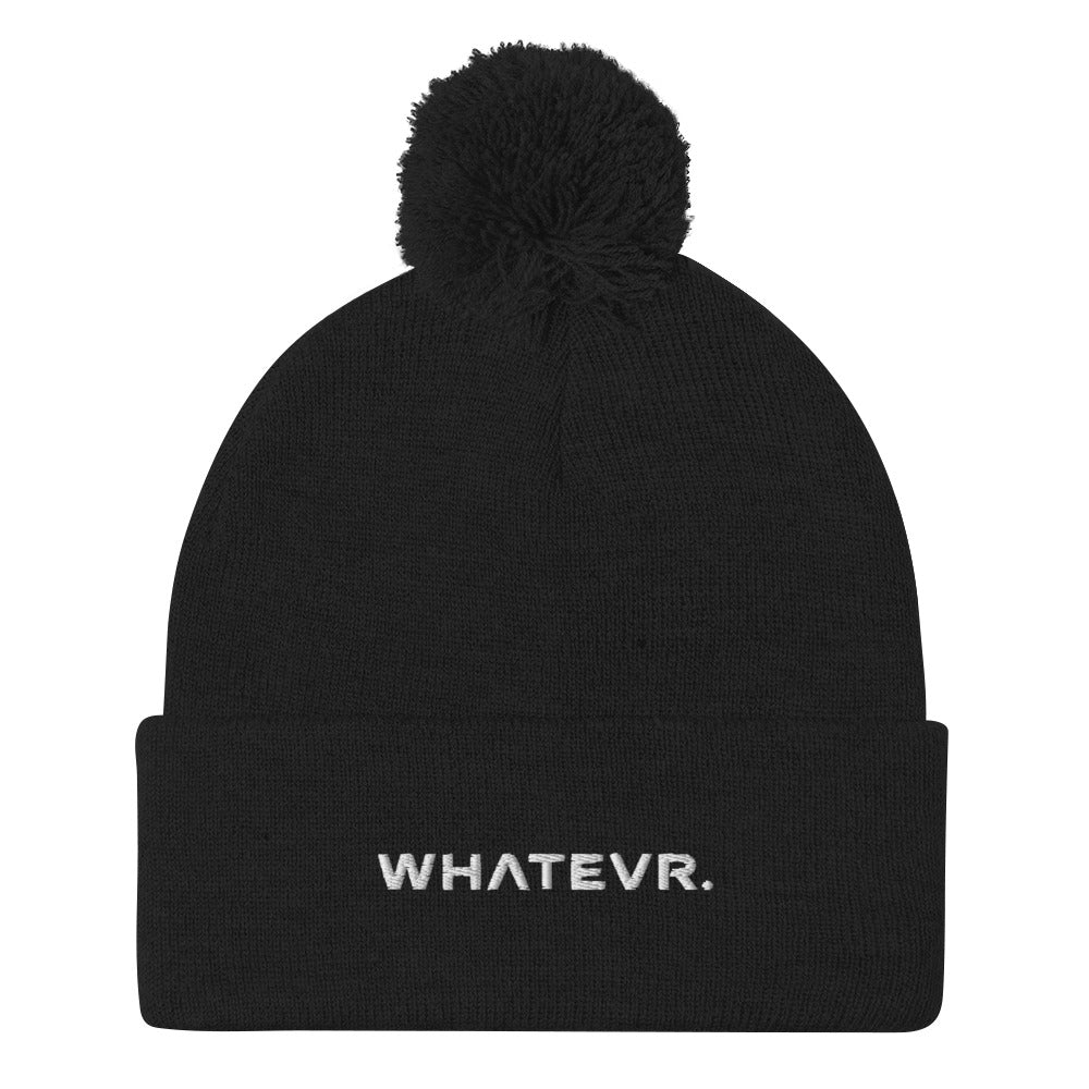 Unisex Signature pom pom knit beanie in black with embroidered WHATEVR text, front view