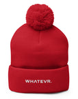 Unisex Signature pom pom knit beanie in red with embroidered WHATEVR text, front view