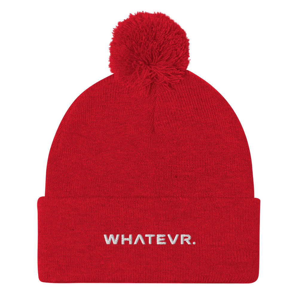 Unisex Signature pom pom knit beanie in red with embroidered WHATEVR text, front view