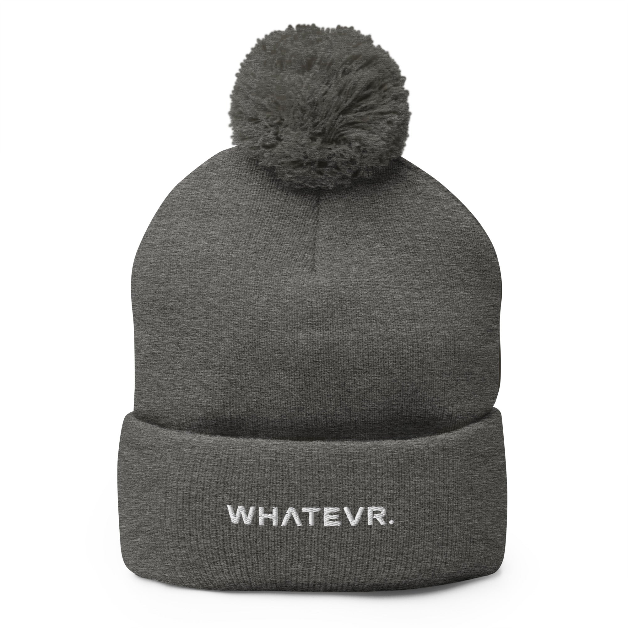 Unisex Signature pom pom knit beanie in gray with embroidered WHATEVR text, front view
