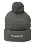 Unisex Signature pom pom knit beanie in gray with embroidered WHATEVR text, front view