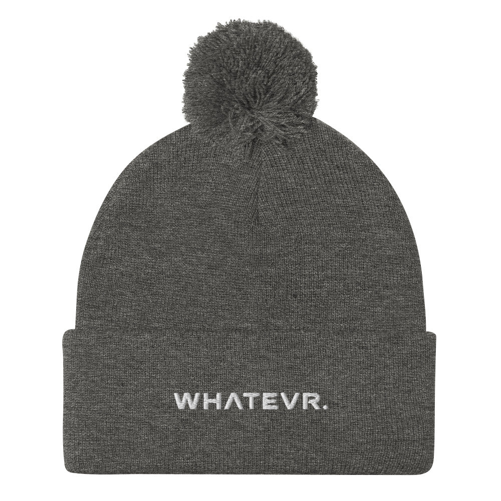Unisex Signature pom pom knit beanie in gray with embroidered WHATEVR text, front view