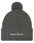 Unisex Signature pom pom knit beanie in gray with embroidered WHATEVR text, front view