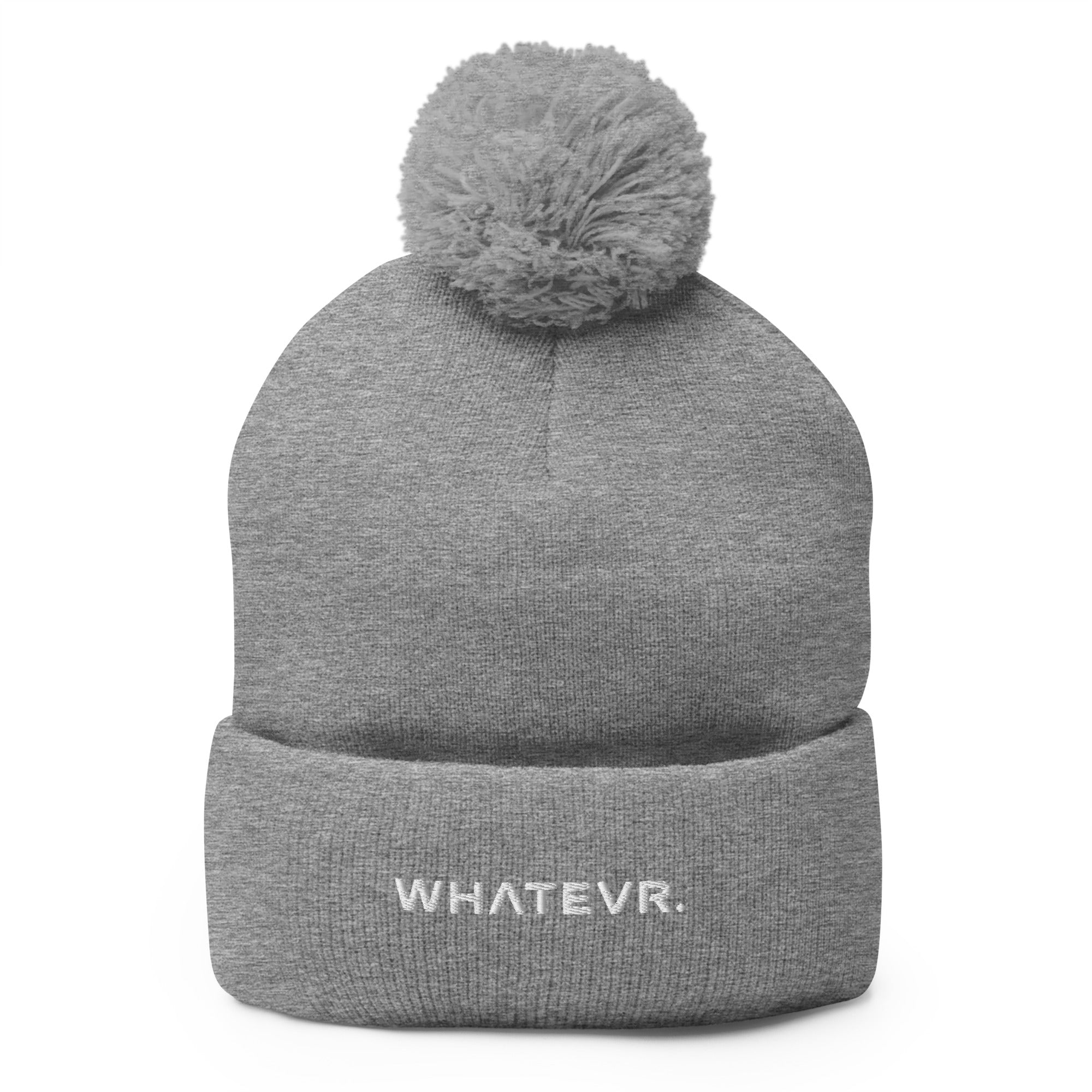 Unisex Signature pom pom knit beanie in gray with embroidered WHATEVR text, front view