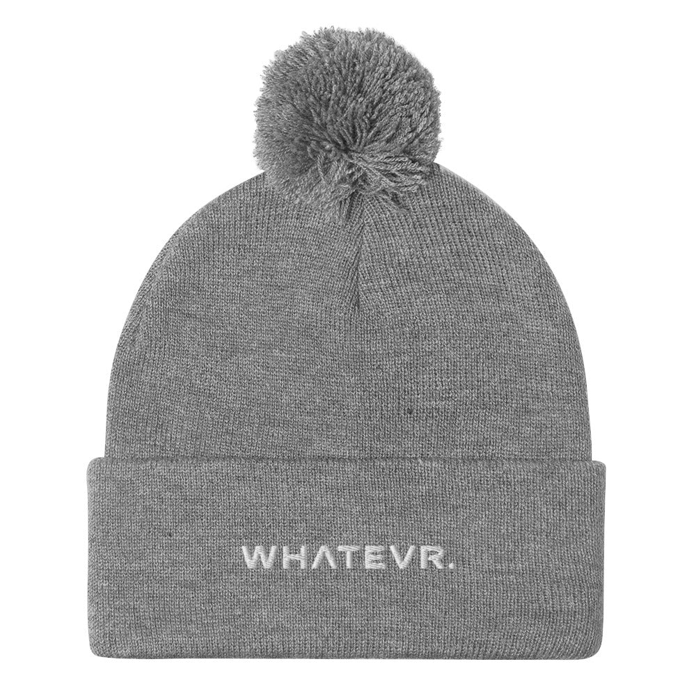 Unisex Signature pom pom knit beanie in gray with embroidered WHATEVR text, front view