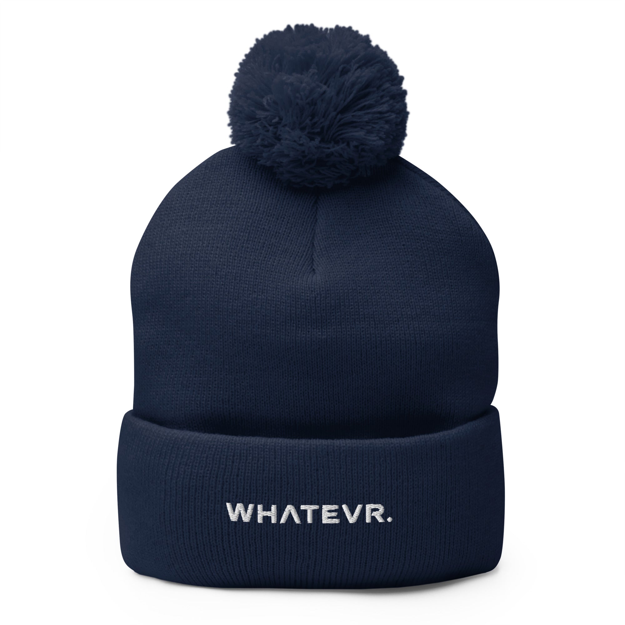 Unisex Signature pom pom knit beanie in blue with embroidered WHATEVR text, front view