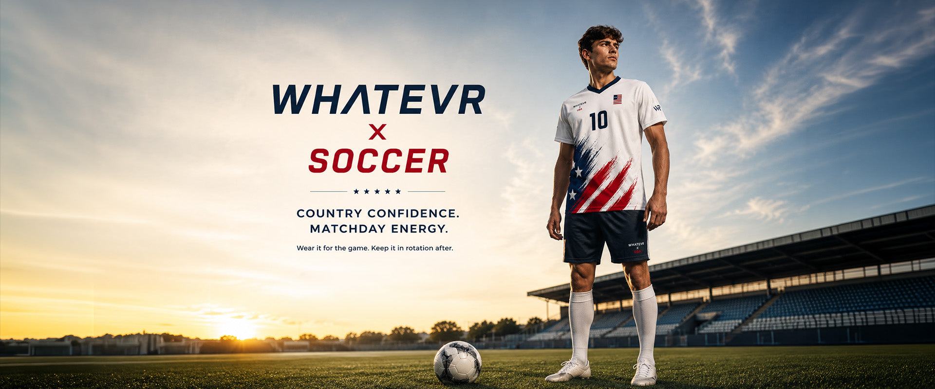 Person in soccer jersey standing on a field with 'WHATEVR x SOCCER' branding.