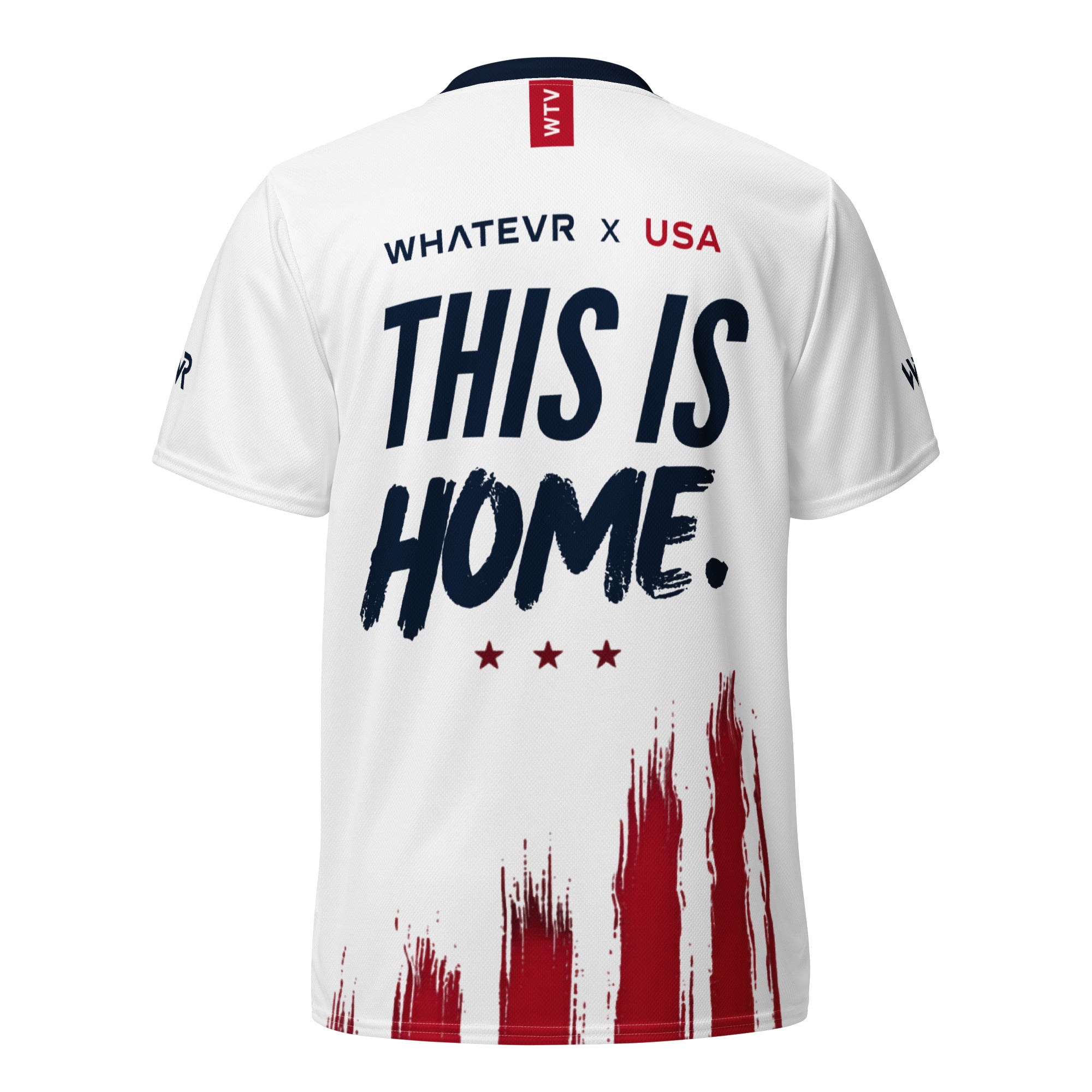 White sports jersey with 'This is Home' text and red and blue graphics on a white background