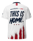 White sports jersey with 'This is Home' text and red and blue graphics on a white background