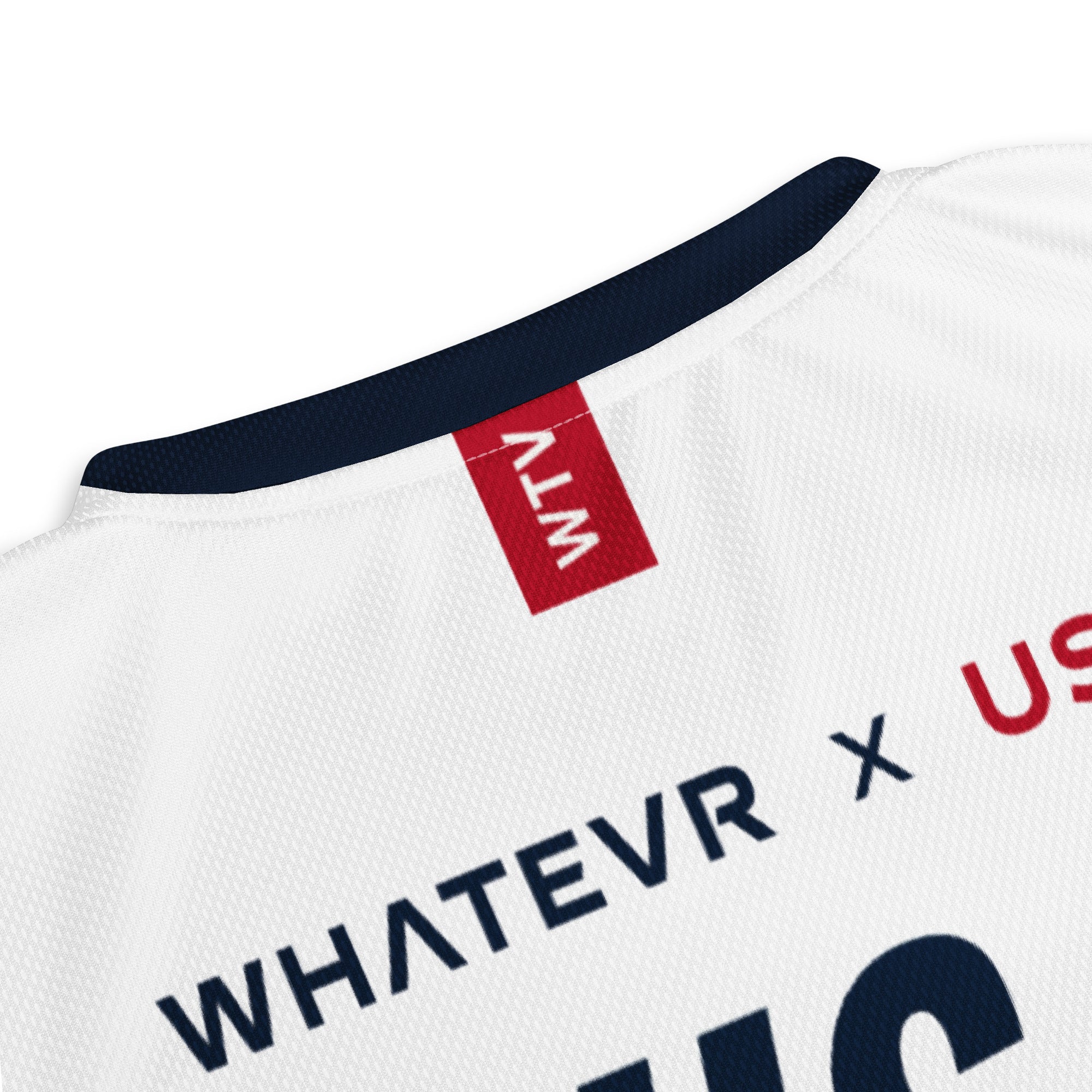 White shirt with black text and a red logo on a white background
