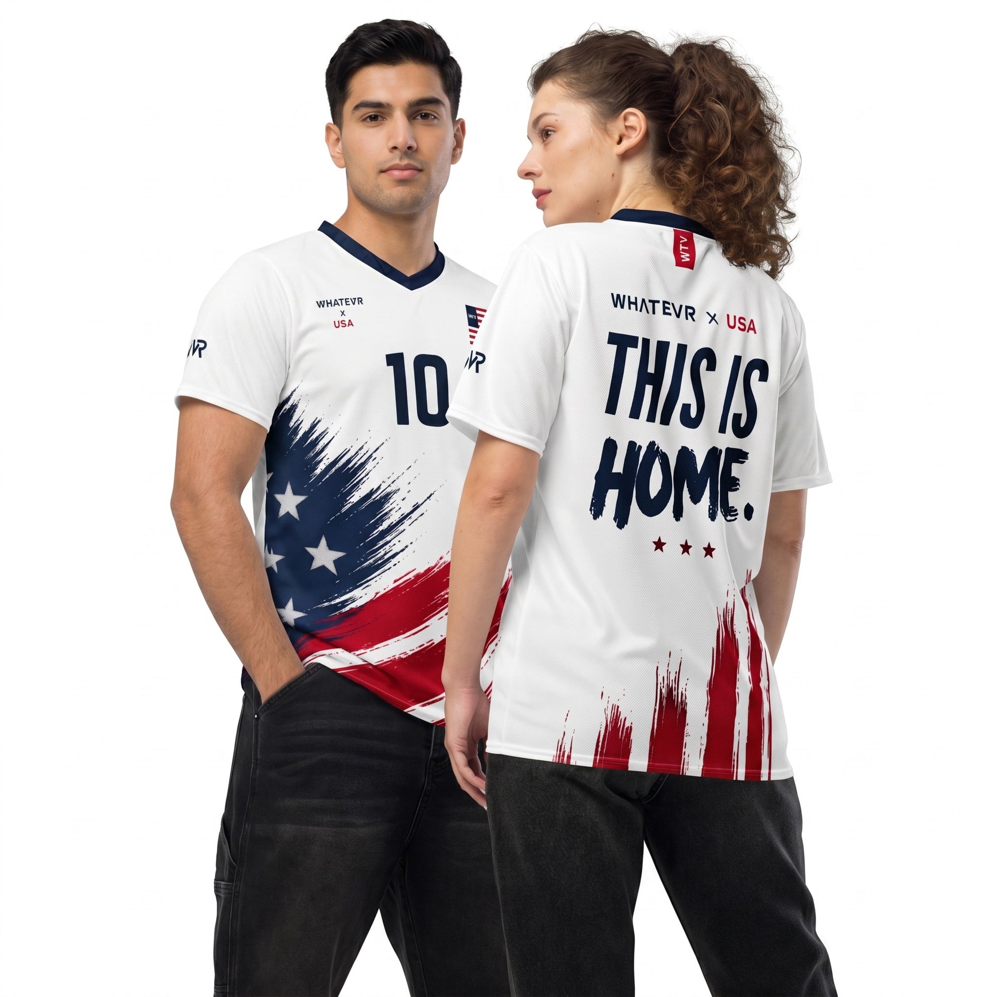 Two people wearing t-shirts with American flag design and text.
