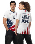Two people wearing t-shirts with American flag design and text.