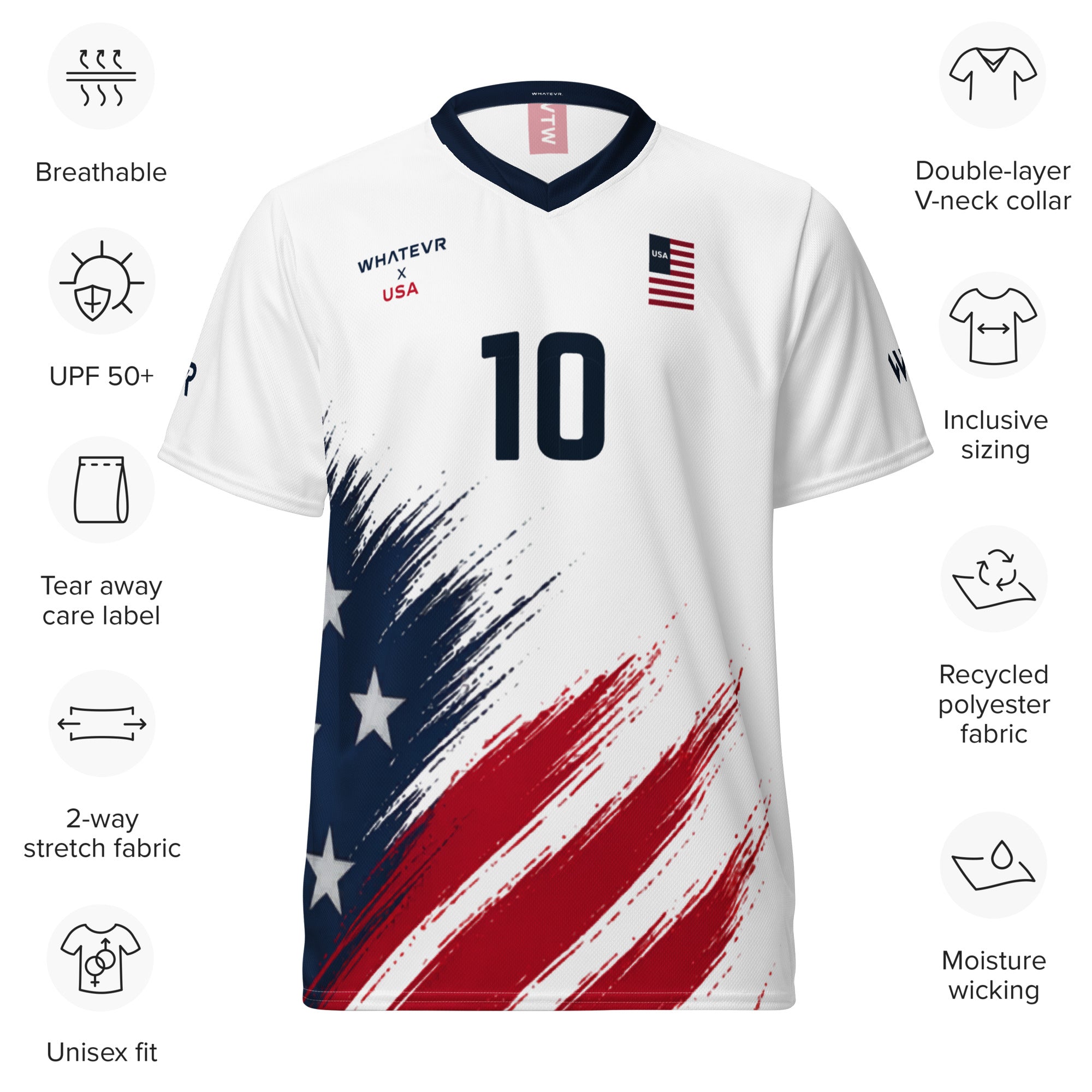 White sports jersey with American flag design, features listed on the left, on a white background