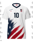 White sports jersey with American flag design, features listed on the left, on a white background