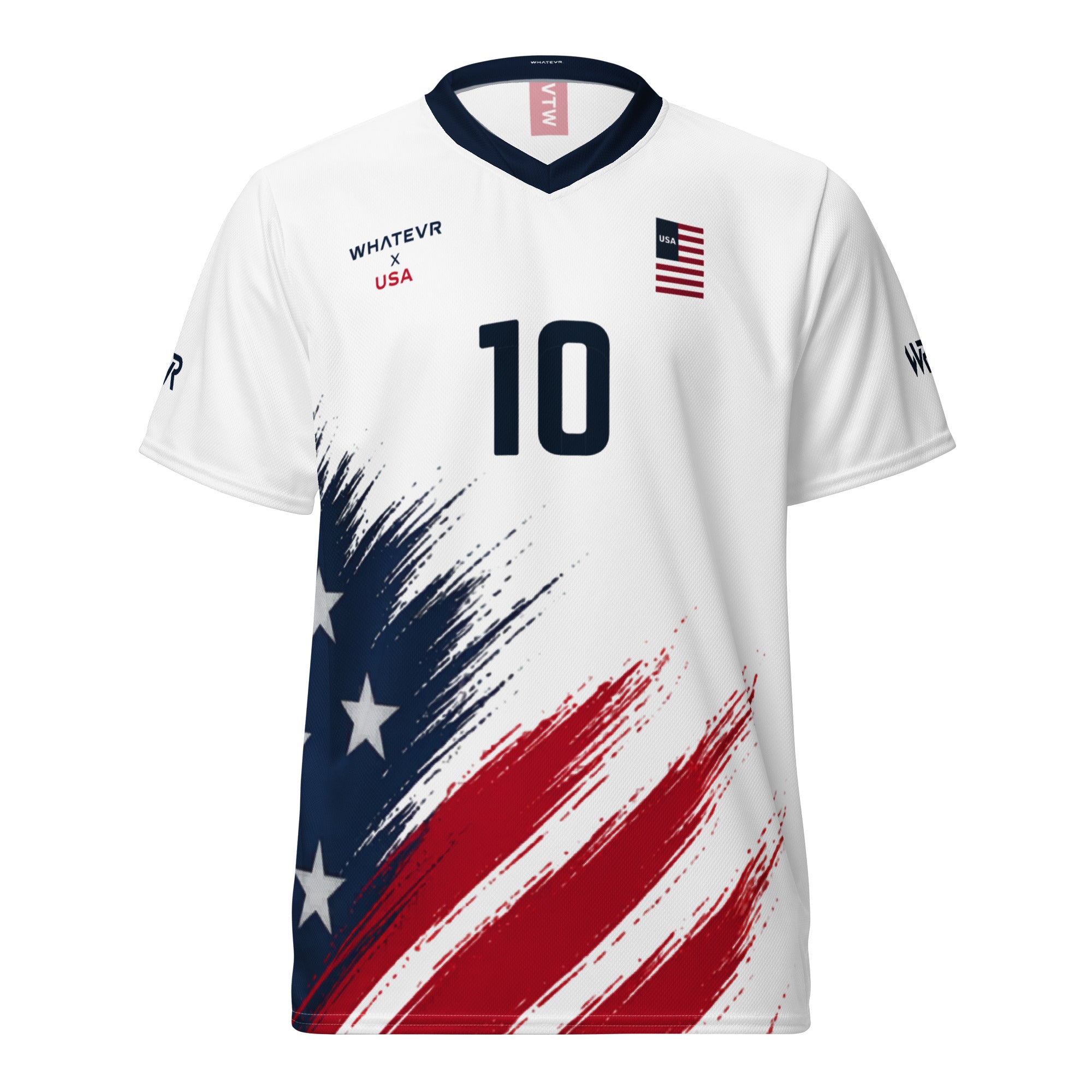 White sports jersey with American flag design and number 10 on a white background