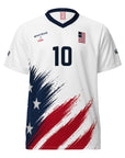 White sports jersey with American flag design and number 10 on a white background