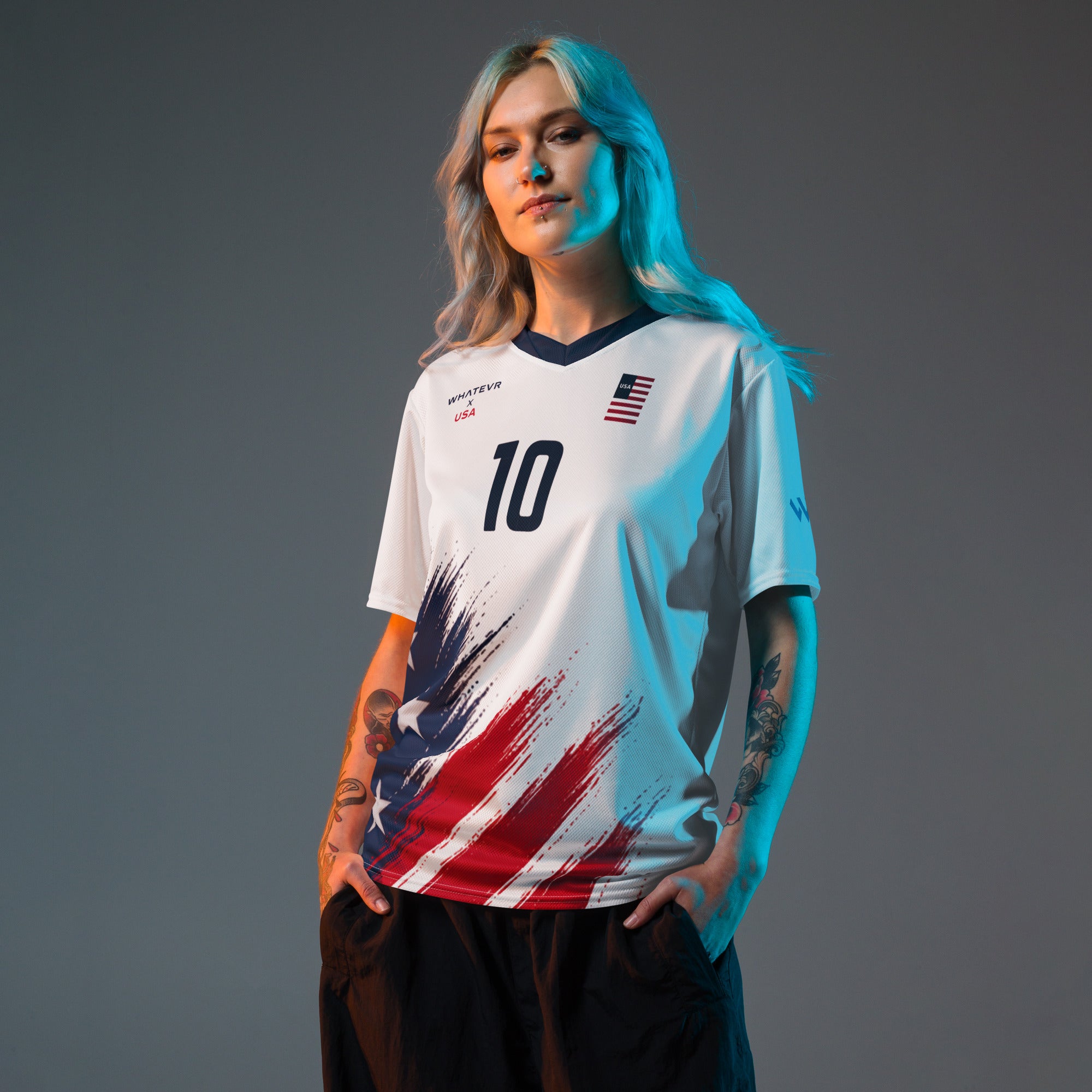Person wearing a sports jersey with American flag design on a gray background