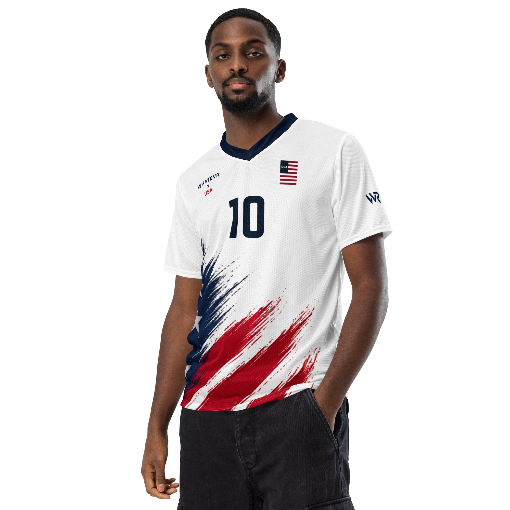 Man wearing a white sports jersey with red and blue design on a white background