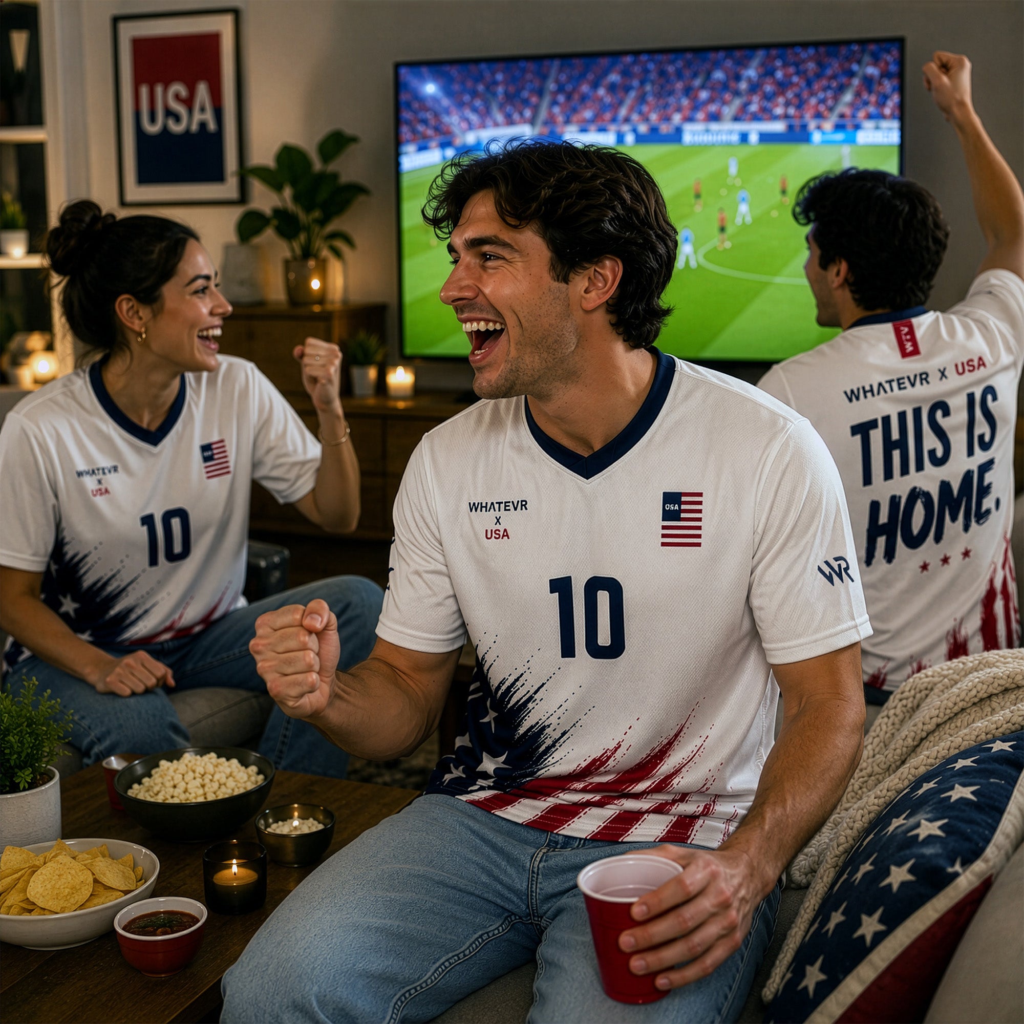 People watching a sports game on TV in a living room, wearing jerseys with USA designs.