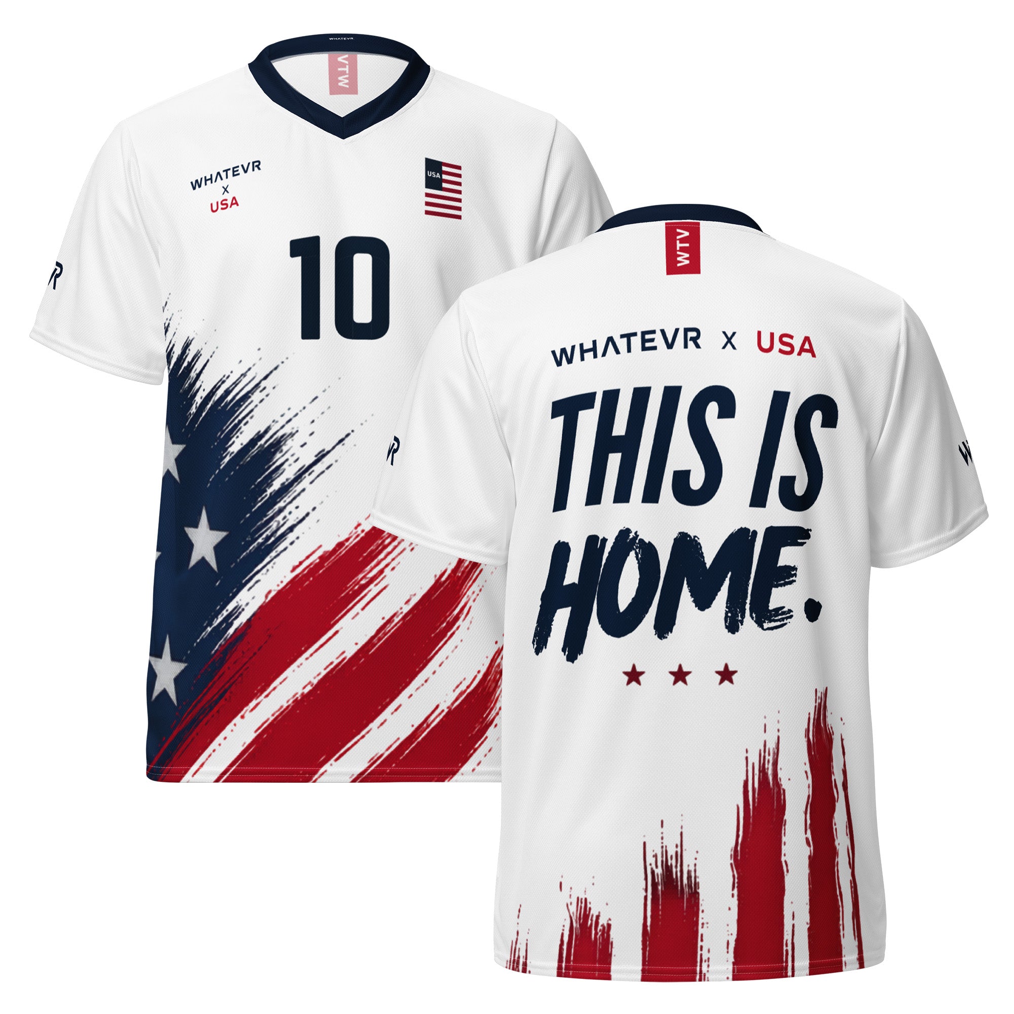 White sports jersey with American flag design and 'This is Home' text on a white background