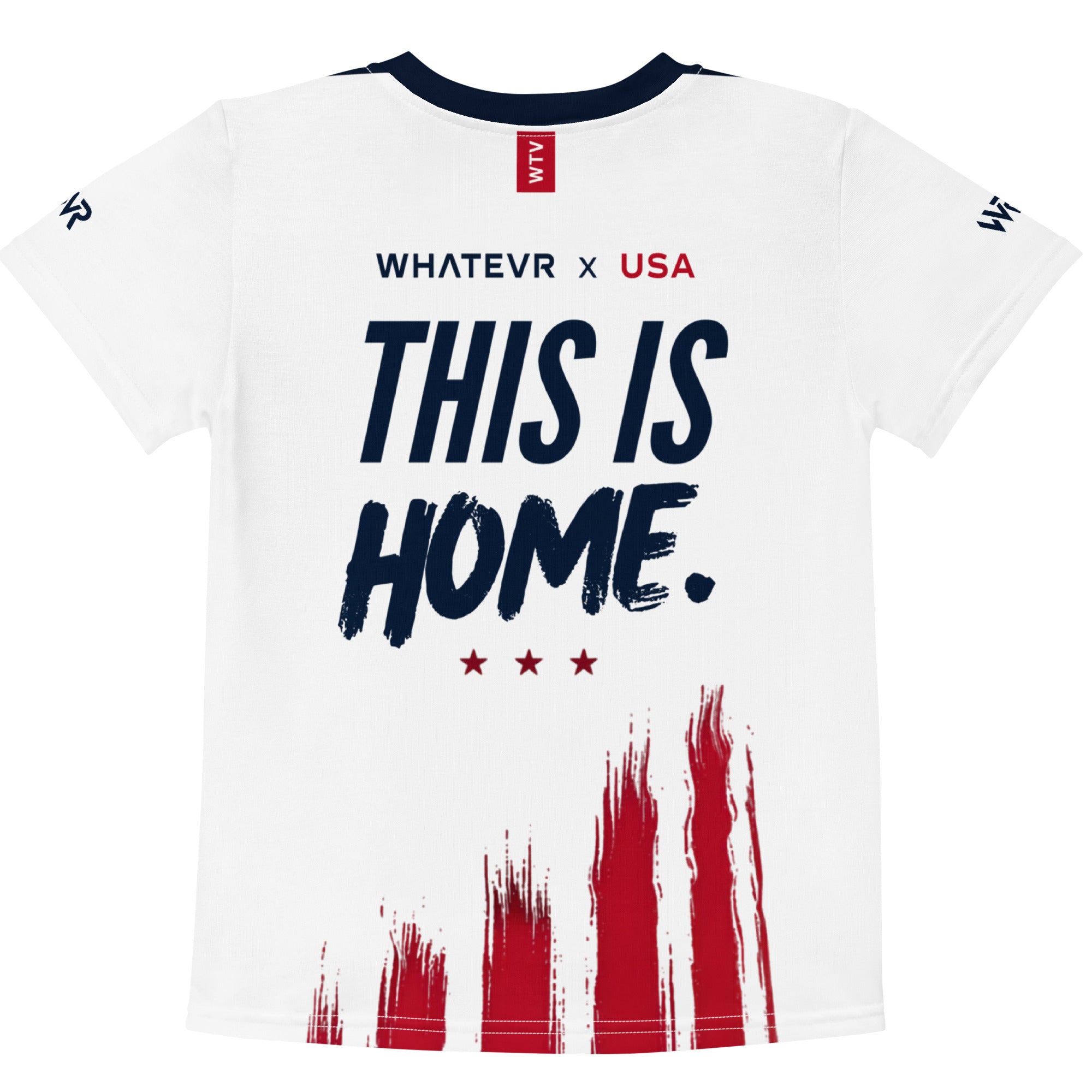 White t-shirt with 'THIS IS HOME' text and red paint splashes on a white background