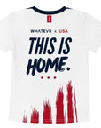 White t-shirt with 'THIS IS HOME' text and red paint splashes on a white background