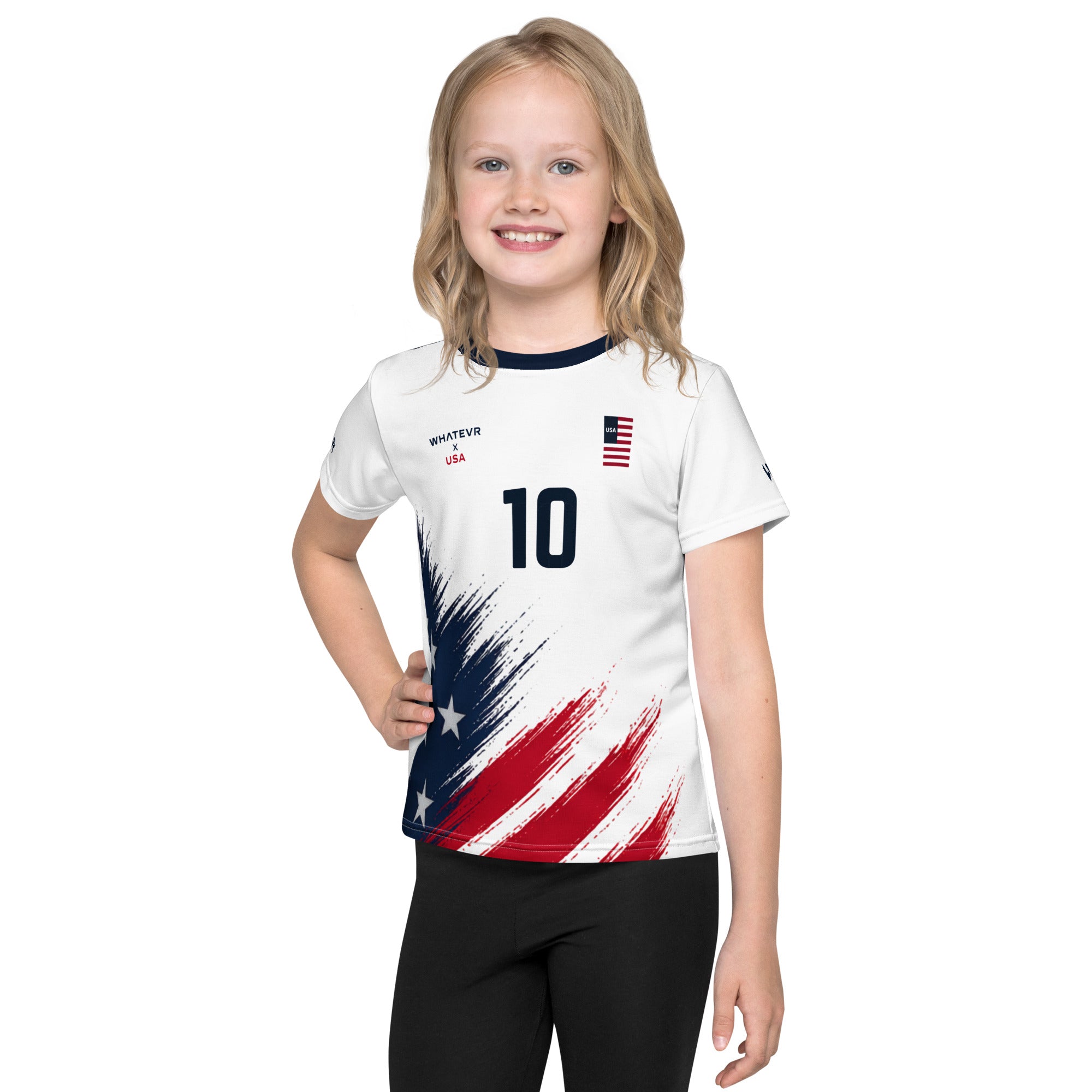 Child wearing a white sports jersey with red, white, and blue design on a white background
