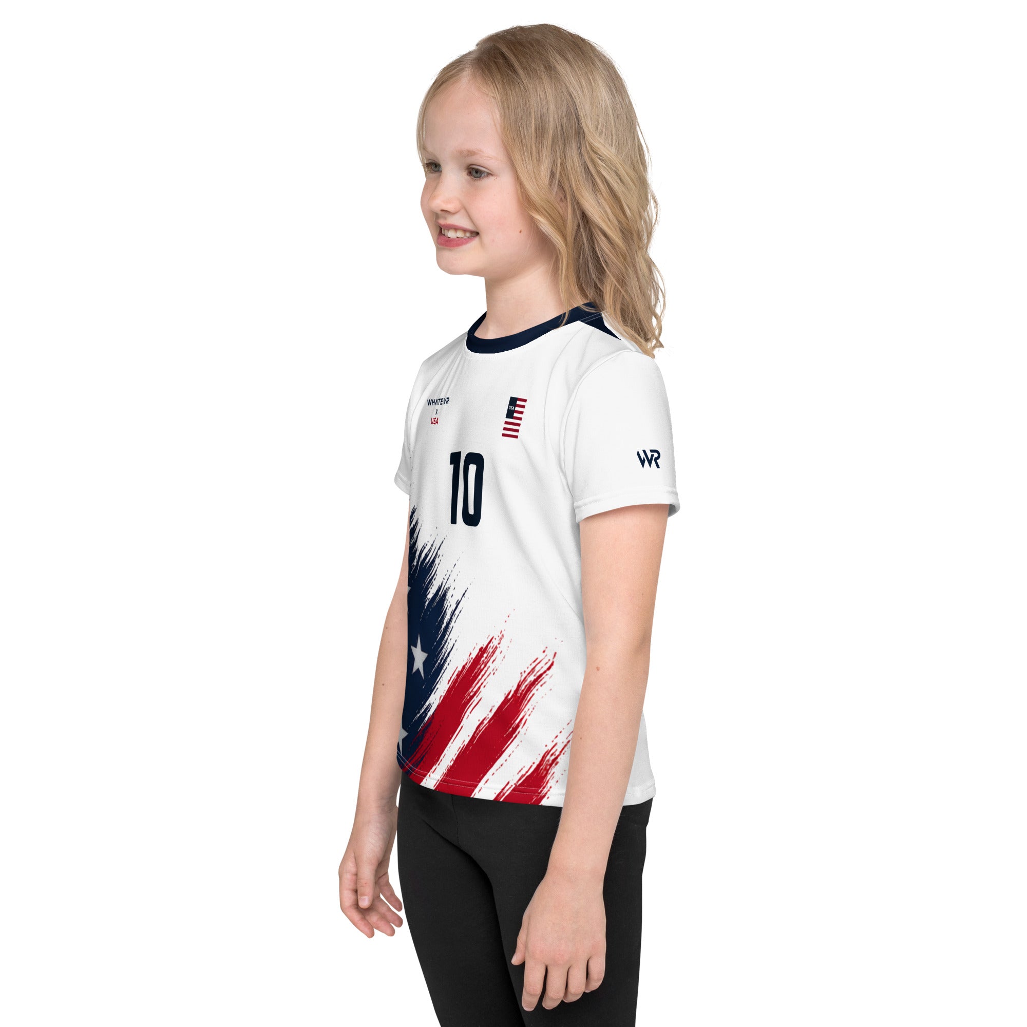 Child wearing a white sports jersey with American flag design on a white background