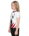Child wearing a white sports jersey with American flag design on a white background