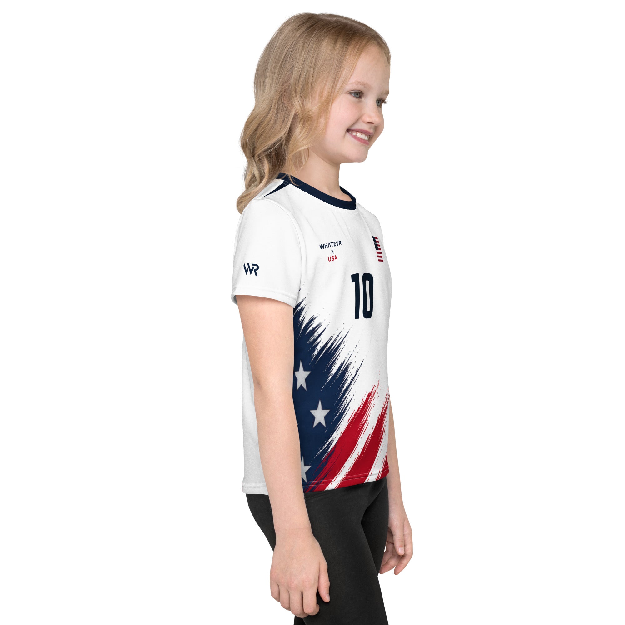 Child wearing a sports jersey with American flag design on a white background