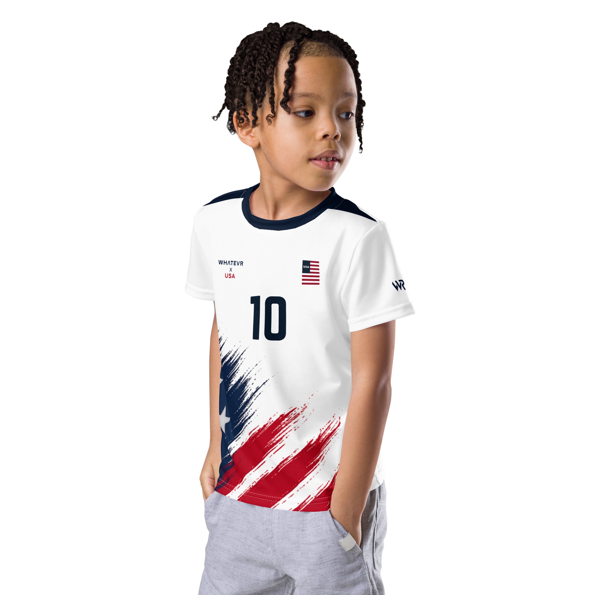 Child wearing a white sports jersey with red and blue design on a white background