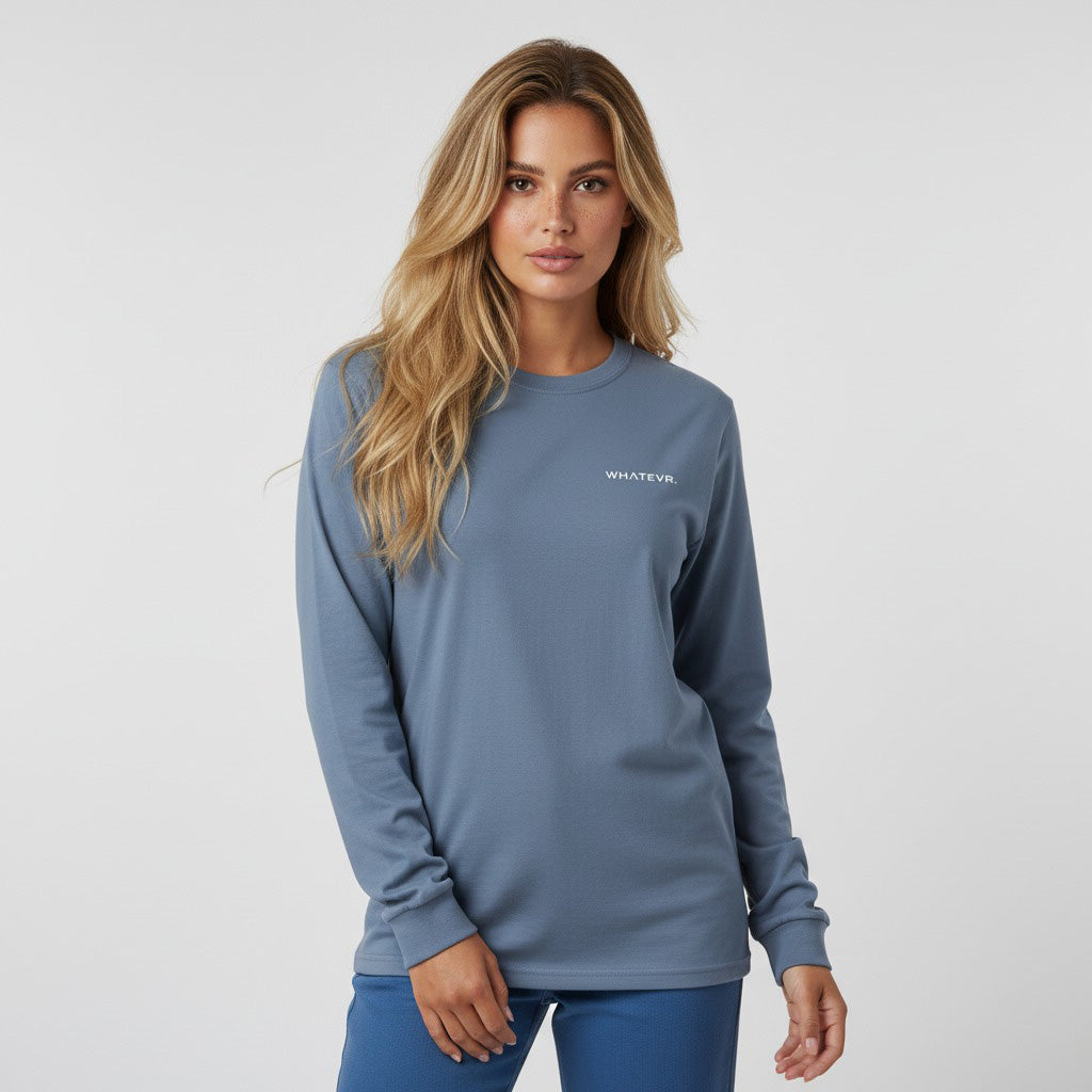 Women's heavyweight long sleeve t-shirt in blue, front view
