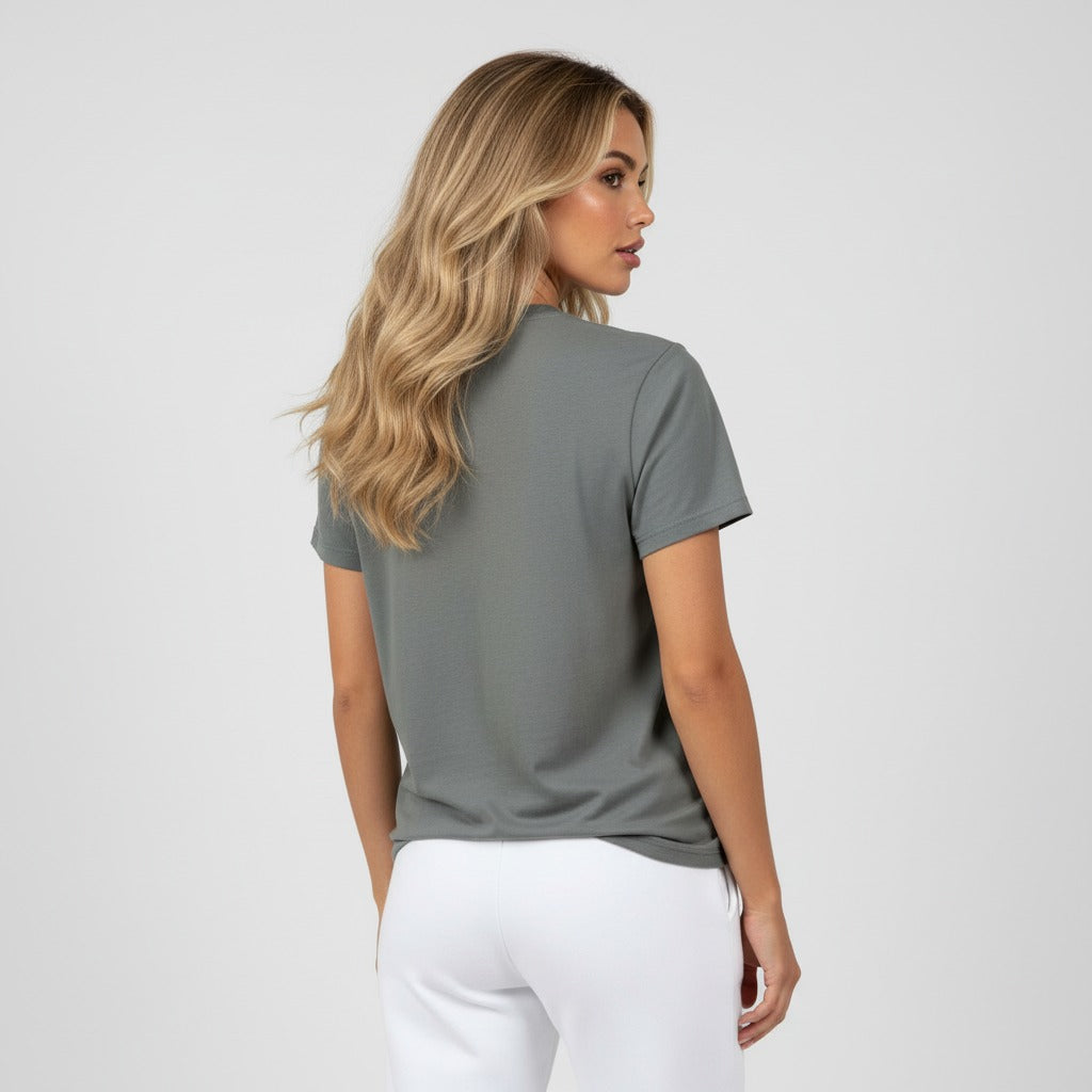 Women's premium t-shirt in gray, back view