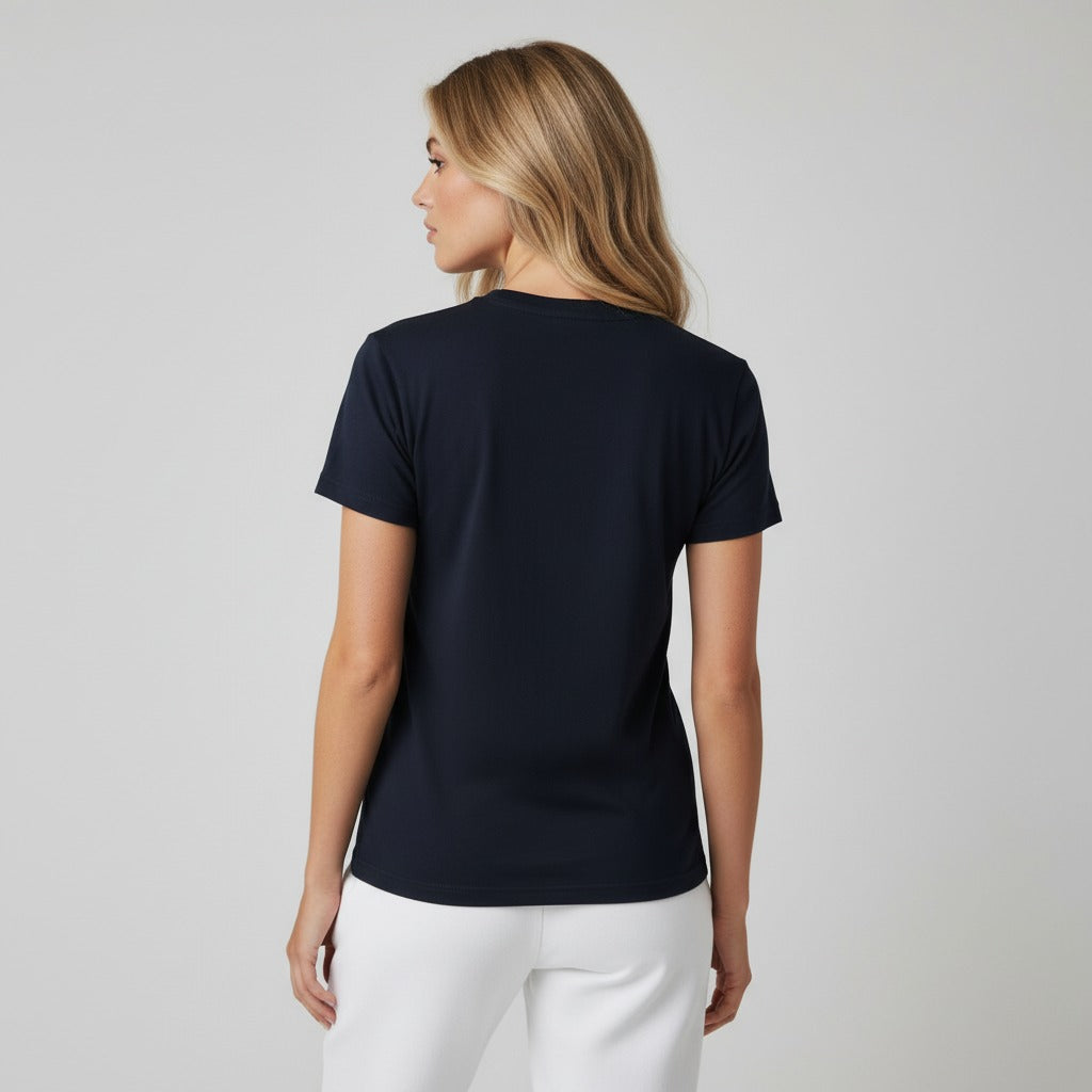 Women's premium t-shirt in blue, back view