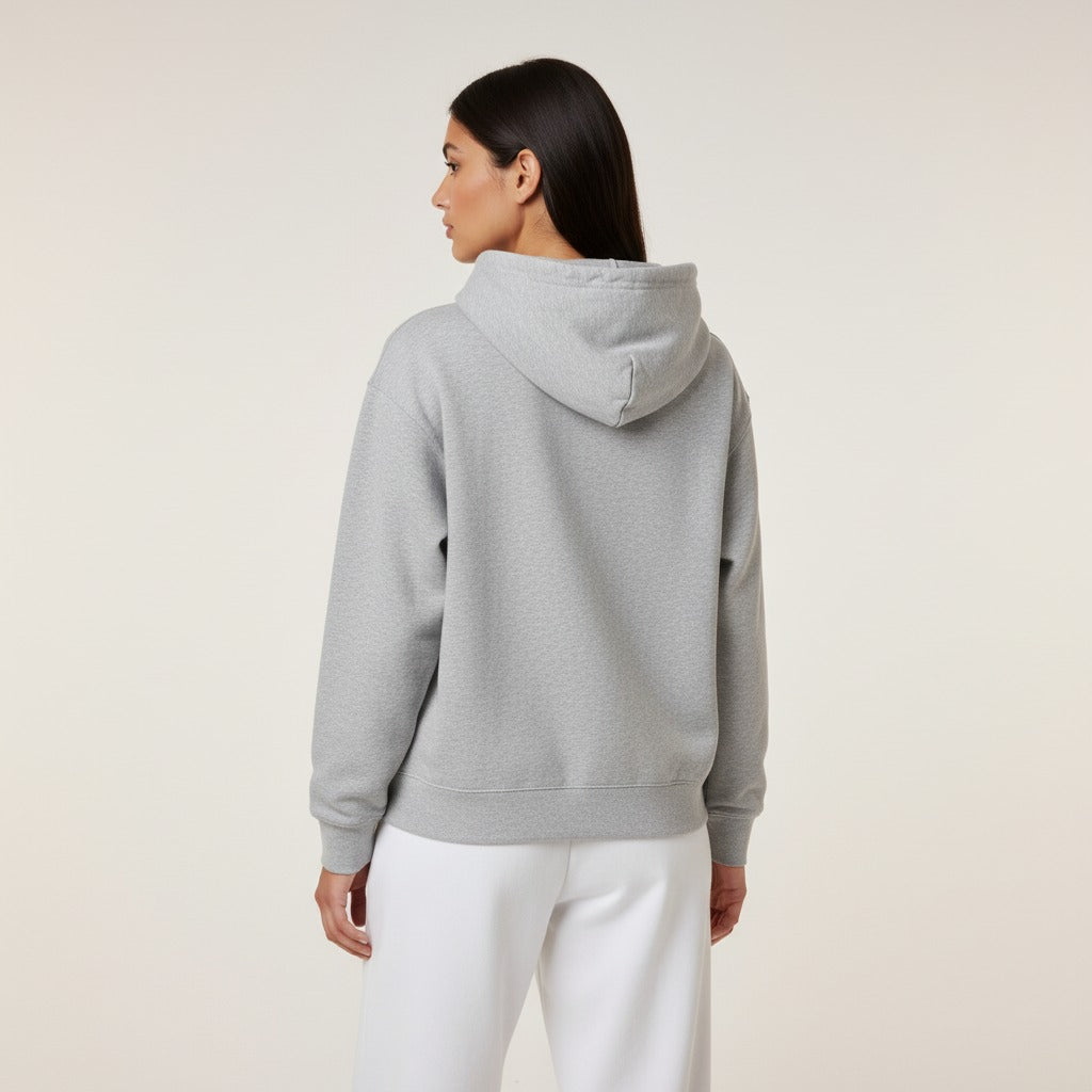 Women's premium heavyweight hoodie in ash heather, back view.