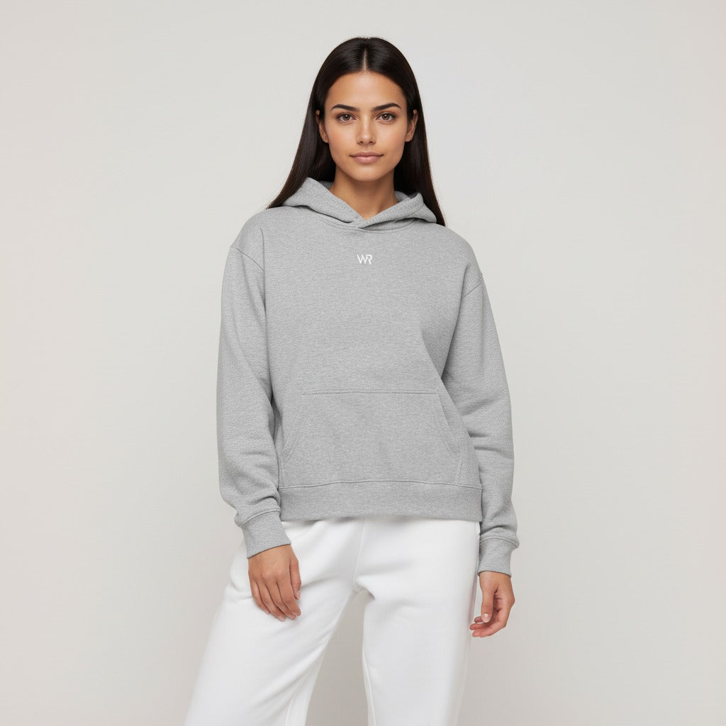 Women's premium heavyweight hoodie in ash heather, front view.