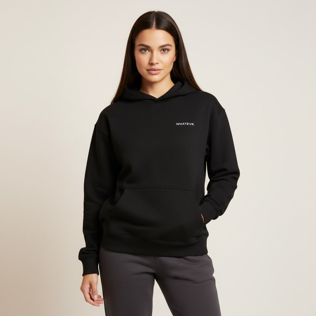 Women's premium heavyweight hoodie in black, front view.