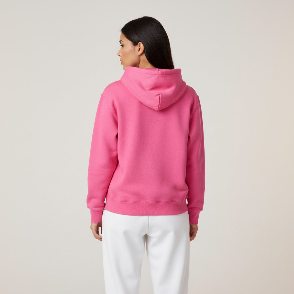 Women's premium heavyweight hoodie in pink, back view.