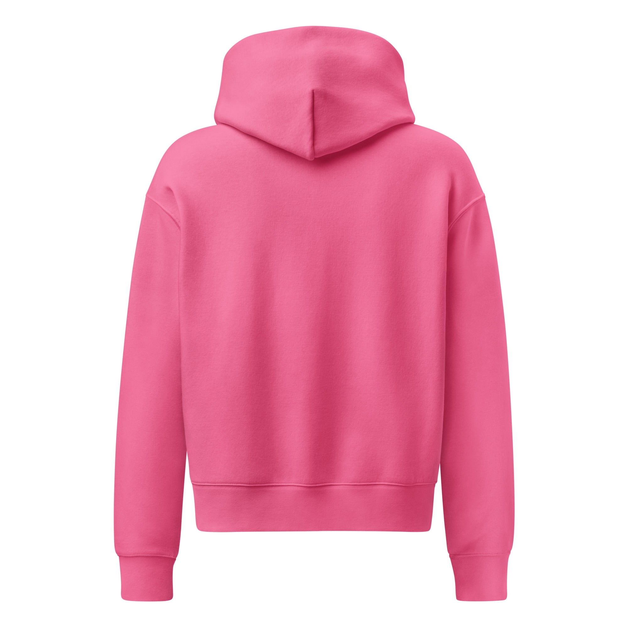 Women's premium heavyweight hoodie in pink, back view.