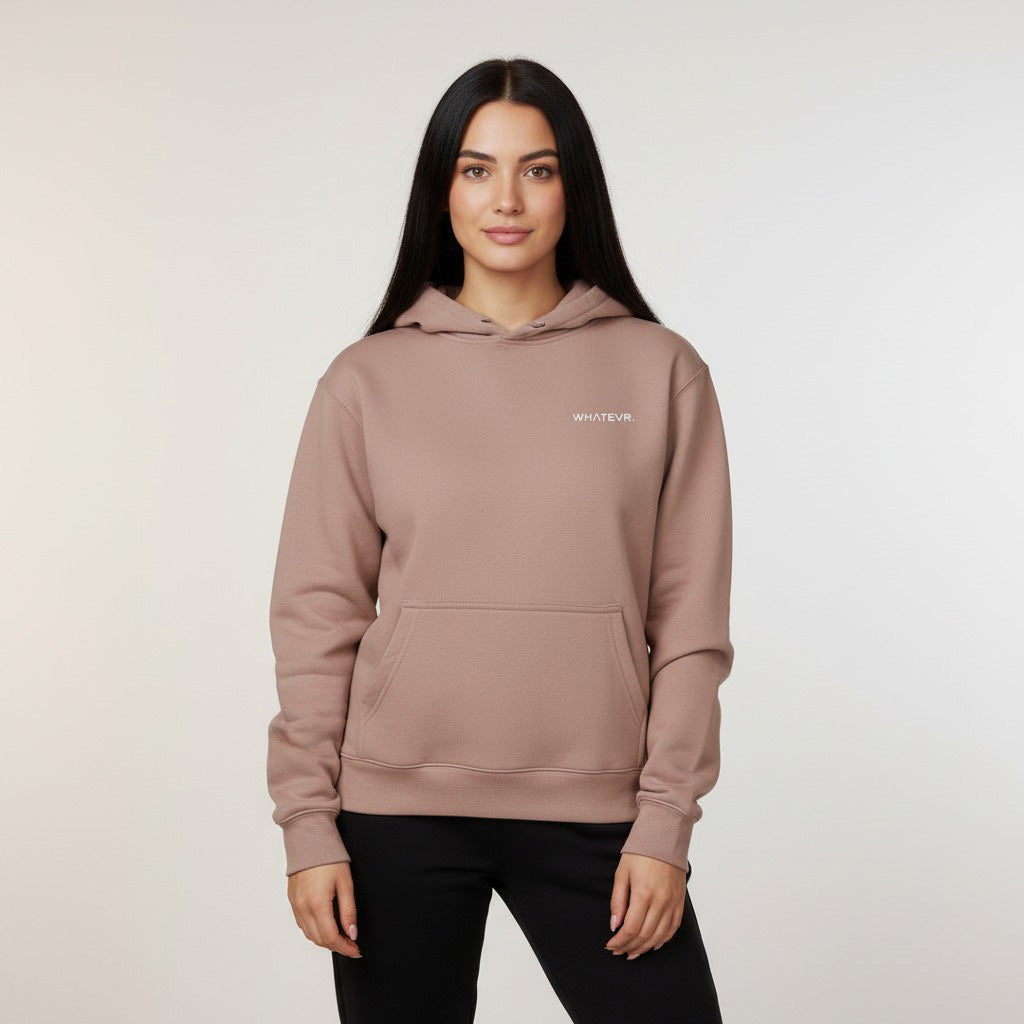 Women's premium heavyweight hoodie in taupe, front view.